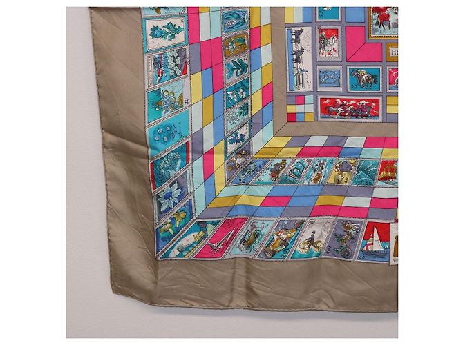 Hermès Foulard HERMES Carre 90 "CORRE SPONDANCE" Seta Grigio Auth hk4128 Marrone - vista 8