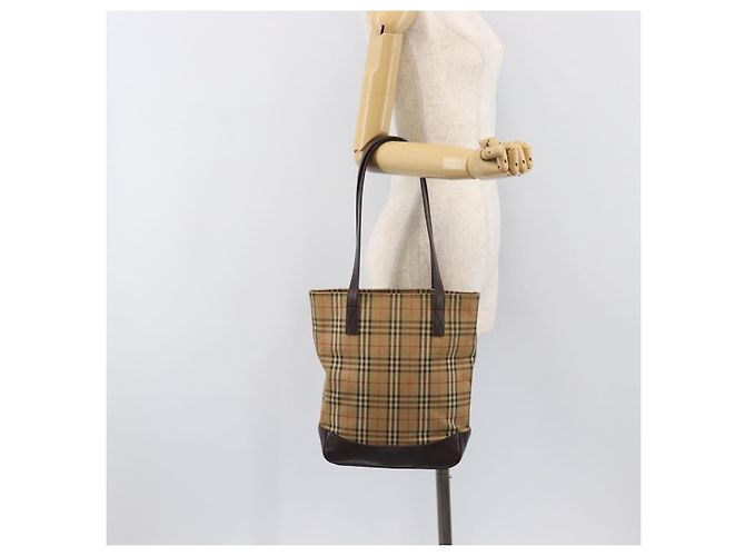 Borsa Tote BURBERRY Nova Check Canvas Beige Gold Auth 200966 D'oro - vista 20
