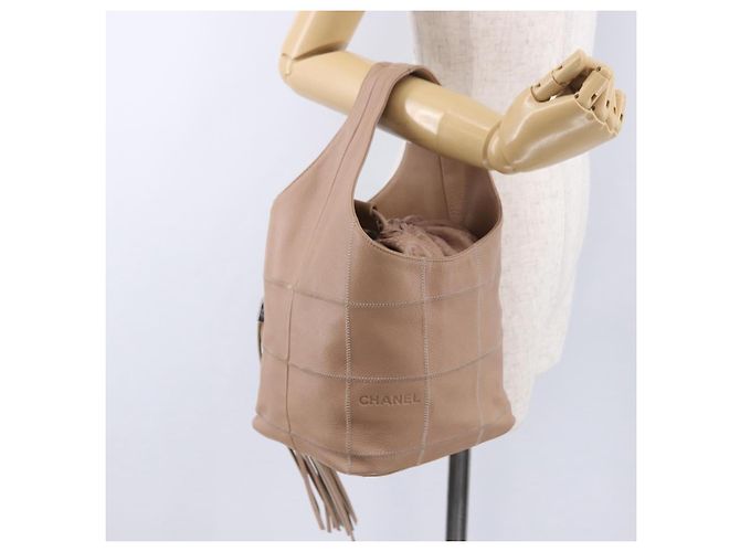 Bolso de cordón CHANEL Chocolate Bar en piel de cordero Beige Silver CC Auth BA15389V Plata - vista 21