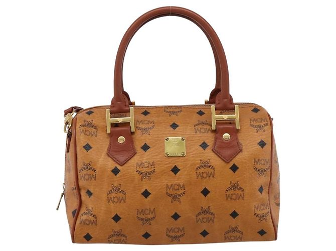 Borsa Boston MCM Logogram Vicetos PVC Pelle 2way Marrone Oro Auth 201891A D'oro - vista 2