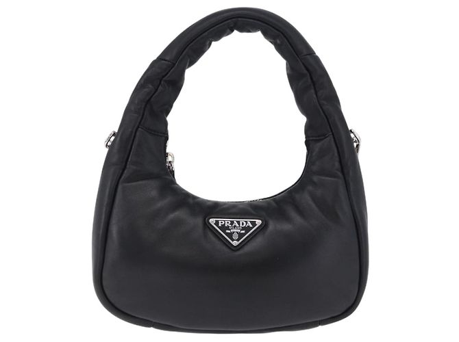 Bolsa de mão PRADA em couro Nappa acolchoado macio 2way Preta Prata Auth 199964SAM Preto - vista 2