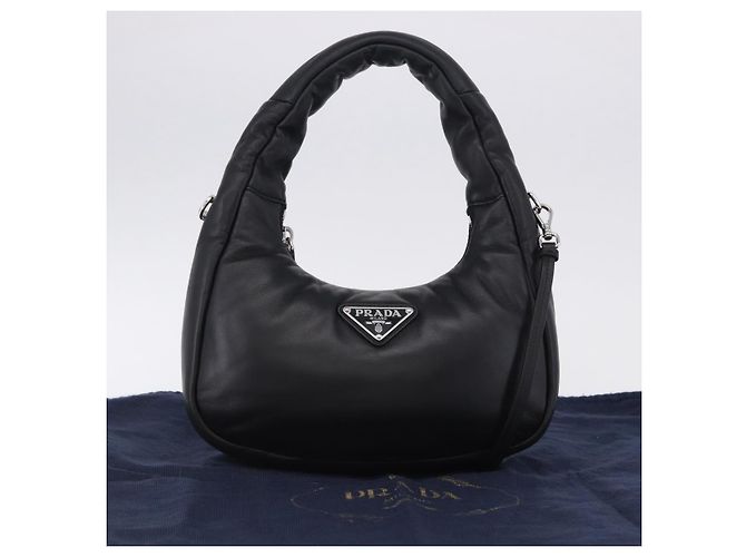 Bolsa de mão PRADA em couro Nappa acolchoado macio 2way Preta Prata Auth 199964SAM Preto - vista 25