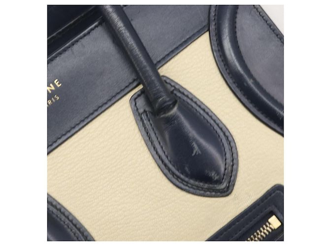 Céline Bolso de mano CELINE Luggage Micro shopper de cuero blanco con herrajes dorados Auth 198867A - vista 15