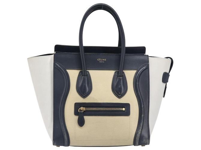 Céline Bolso de mano CELINE Luggage Micro shopper de cuero blanco con herrajes dorados Auth 198867A - vista 2