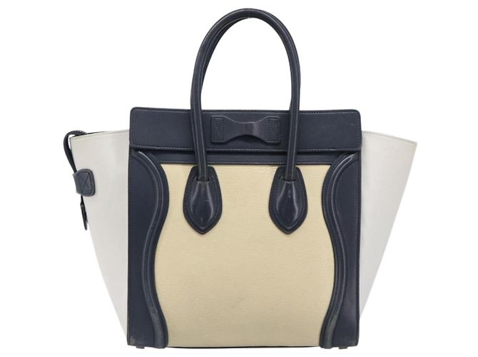 Céline Bolso de mano CELINE Luggage Micro shopper de cuero blanco con herrajes dorados Auth 198867A - vista 3