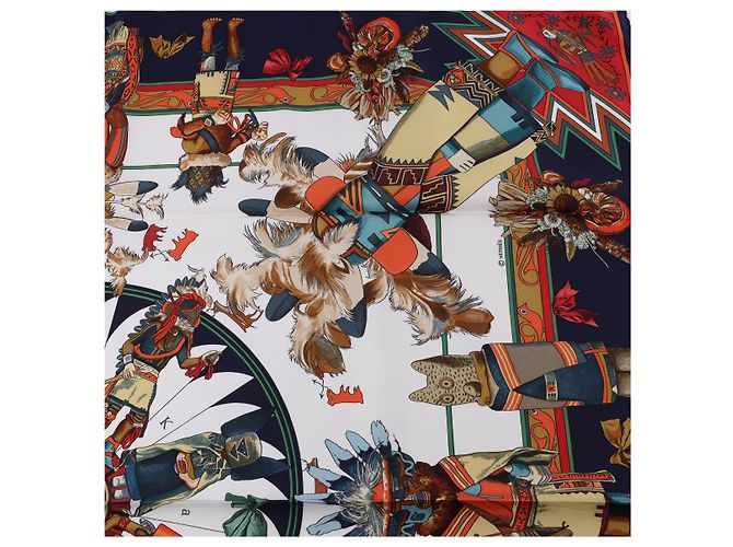 Hermès Carré 90 "Kachinas" Seidentuch in Navy Blue Marineblau - Ansicht 16