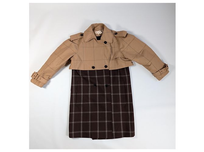 Marni Checkered Two-Tone Trench Coat, Size 38 Brown - view 13