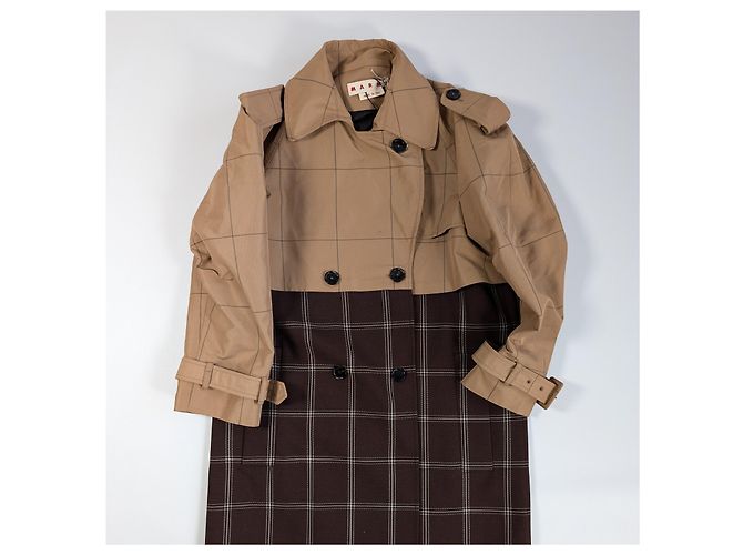 Marni Checkered Two-Tone Trench Coat, Size 38 Brown - view 14