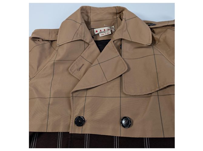 Marni Checkered Two-Tone Trench Coat, Size 38 Brown - view 2