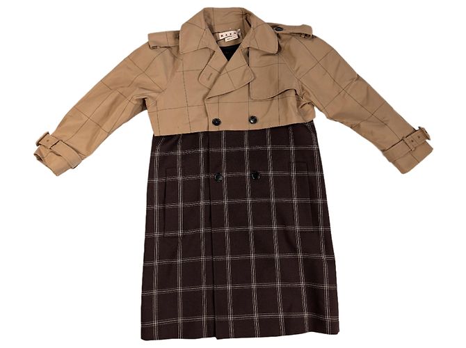 Marni Checkered Two-Tone Trench Coat, Size 38 Brown - view 3