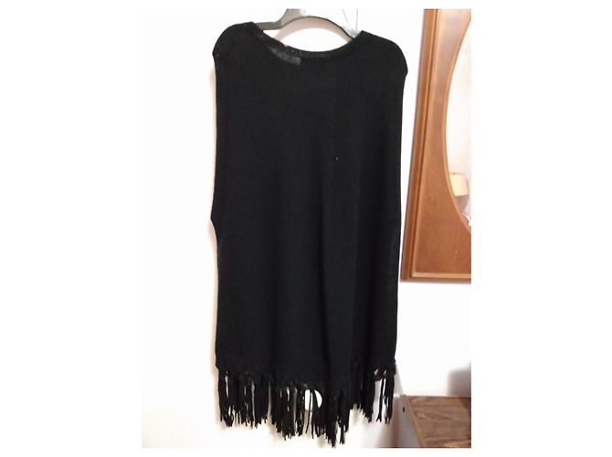 Autre Marque Schwarzer Woll- und Kaschmir-Poncho mit Fransen - Ansicht 11