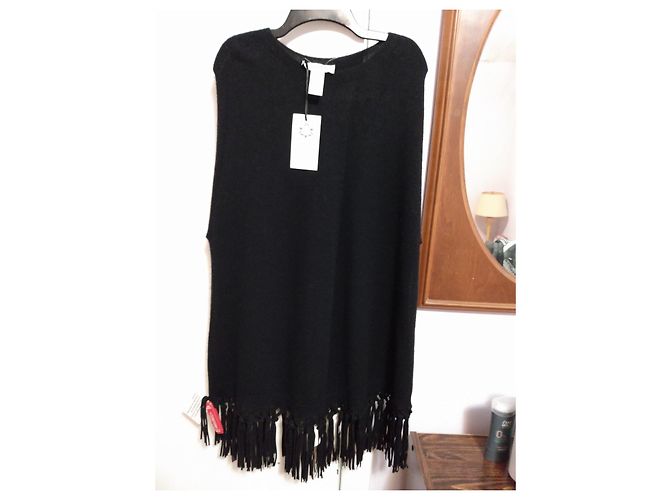 Autre Marque Schwarzer Woll- und Kaschmir-Poncho mit Fransen - Ansicht 4