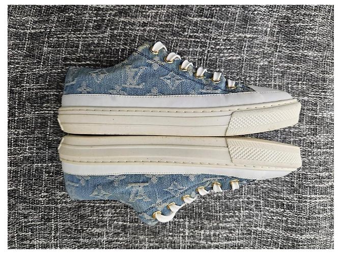 Baskets Louis Vuitton Monogram Denim Blanc Bleu - vue 6