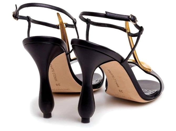 Manolo Blahnik Sandali in pelle nera dettaglio oro Nero Gold hardware - vista 4