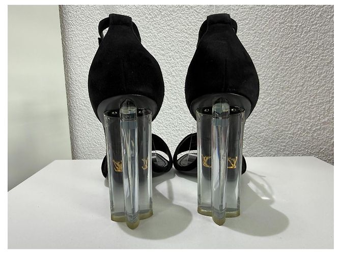 Louis Vuitton Sandali Crystal Flower High Heels Velluto Acrilico Nero Taglia 36 Gold hardware - vista 10