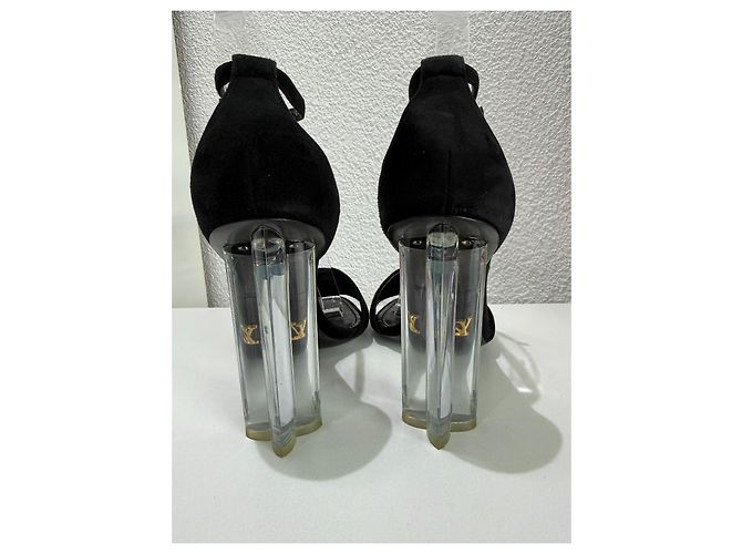 Louis Vuitton Sandali Crystal Flower High Heels Velluto Acrilico Nero Taglia 36 Gold hardware - vista 11