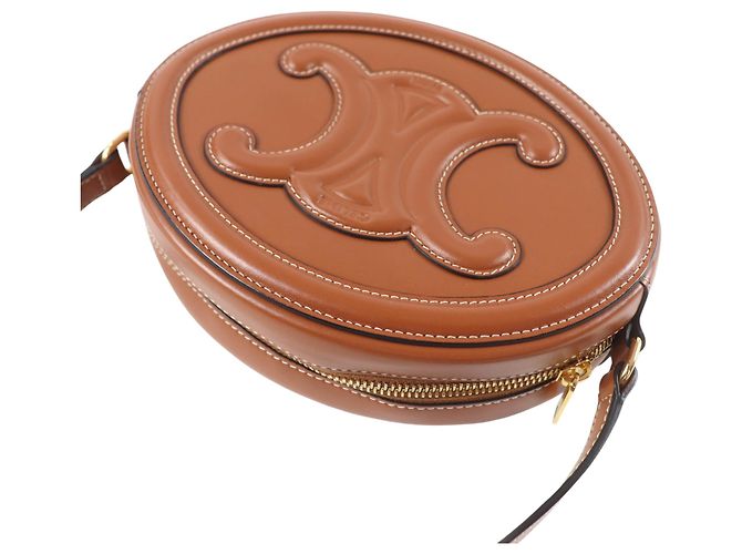 Céline Celine Borsa a Tracolla Oval Cuir Triomphe in Pelle di Vitello Marrone - vista 9