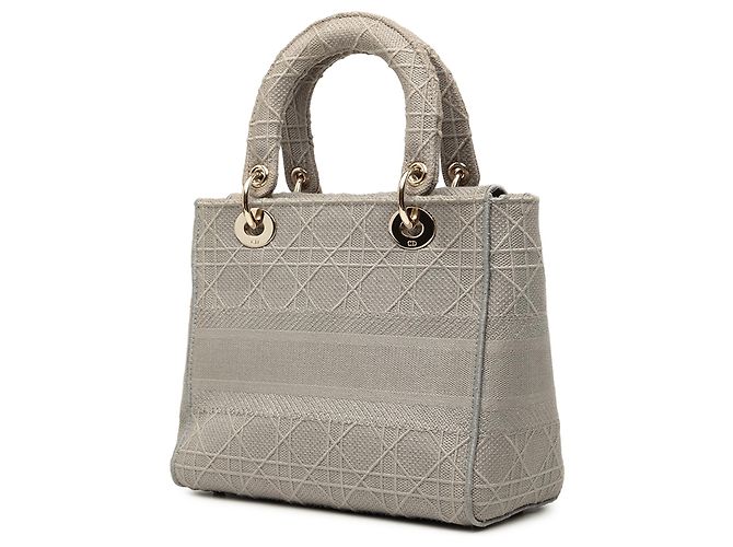 Dior Gray Medium Embroidered Canvas Cannage Lady D Lite Marrone Grigio - vista 2