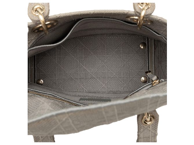 Dior Gray Medium Embroidered Canvas Cannage Lady D Lite Marrone Grigio - vista 4