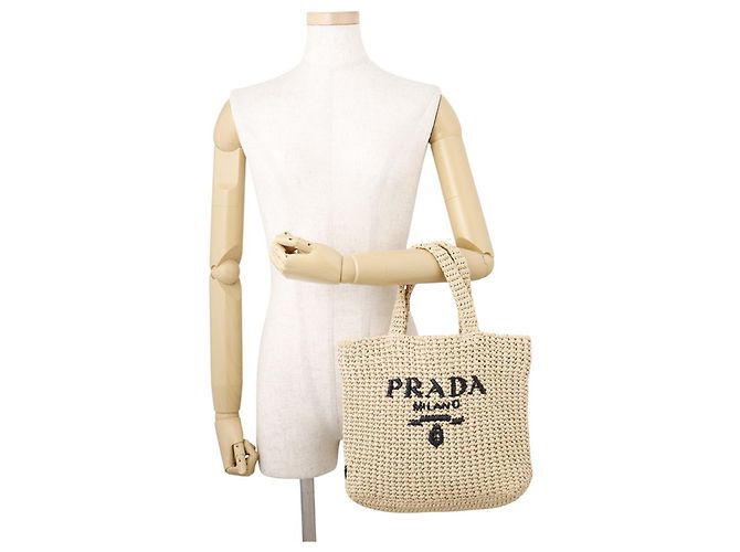 Borsa Tote Piccola Prada in Raphia Beige - vista 4