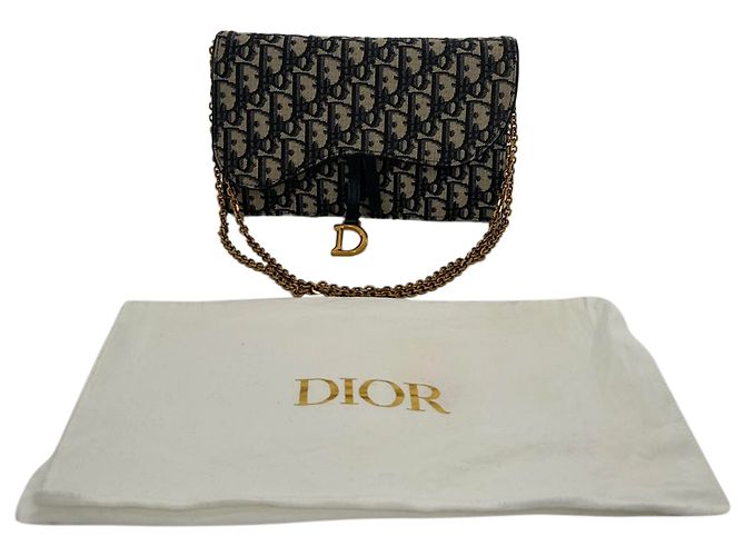 Borsa Dior Saddle Pouch Wallet on Chain in canvas blu navy - vista 14