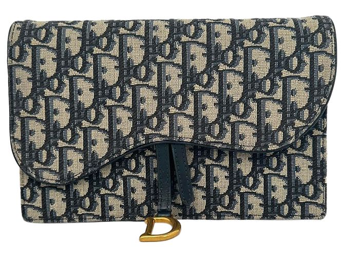Borsa Dior Saddle Pouch Wallet on Chain in canvas blu navy - vista 2
