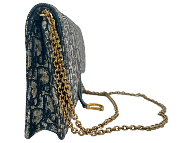 Borsa Dior Saddle Pouch Wallet on Chain in canvas blu navy - vista 3