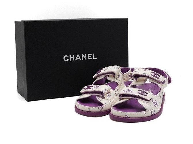 Chanel Sandali da donna in pelle CC Velcro Purple White Camellia Bianco - vista 11