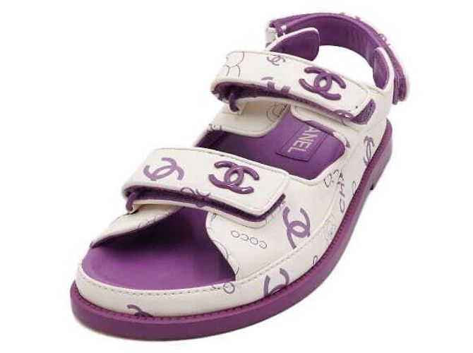 Chanel Sandali da donna in pelle CC Velcro Purple White Camellia Bianco - vista 2