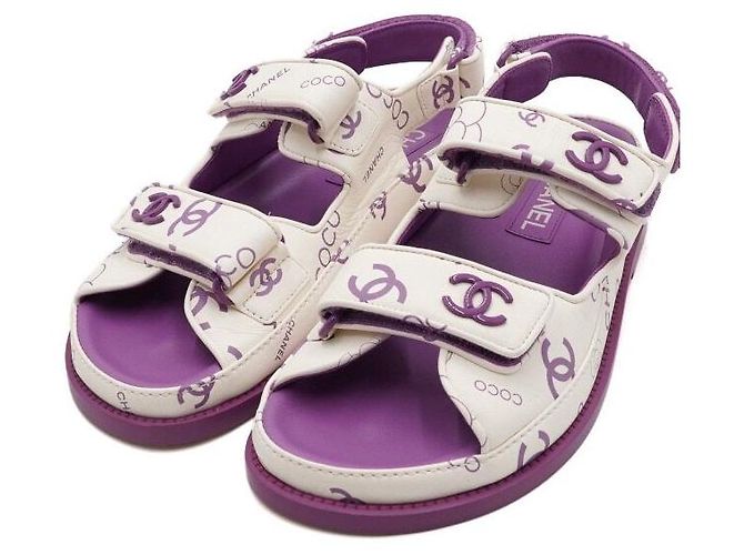 Chanel Sandali da donna in pelle CC Velcro Purple White Camellia Bianco - vista 6