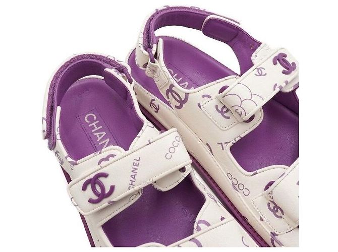 Chanel Sandali da donna in pelle CC Velcro Purple White Camellia Bianco - vista 7