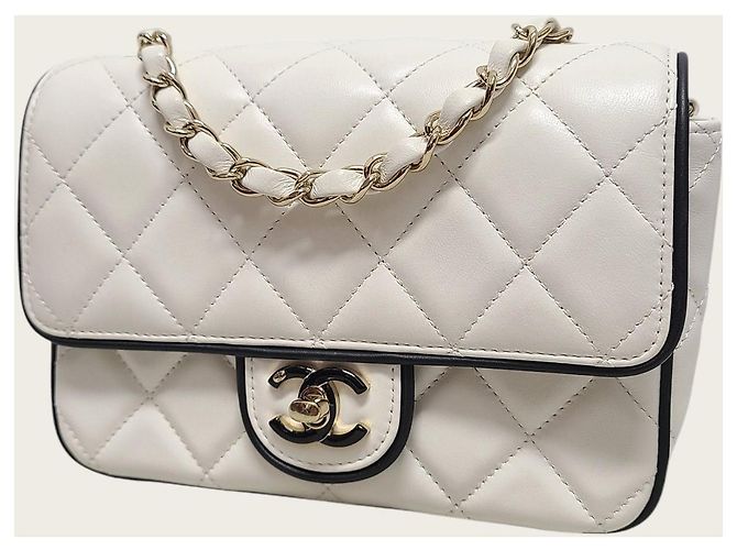 Chanel Mini borsa a patta in pelle d'agnello bianca e nera Bianco - vista 2