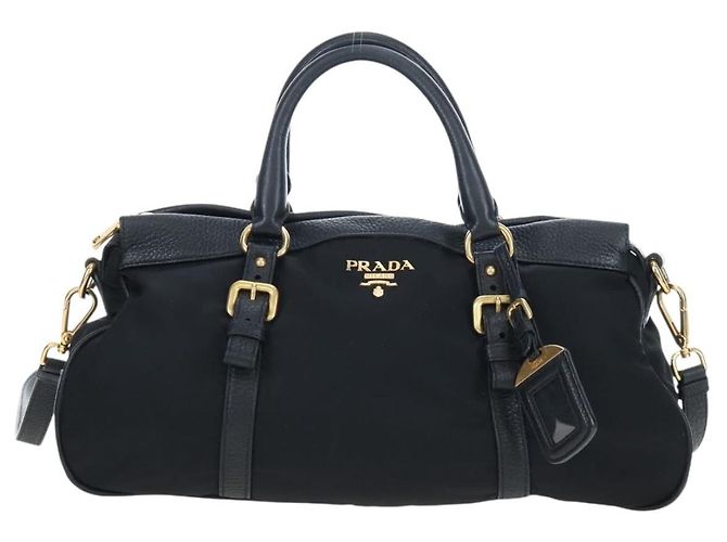 PRADA Hand Bag Nylon Leather 2way Black Gold - vista 13