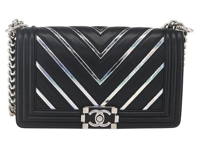 CHANEL Chain Boy Chanel V Stitch Bag Leather Black Silver CC - vista 13