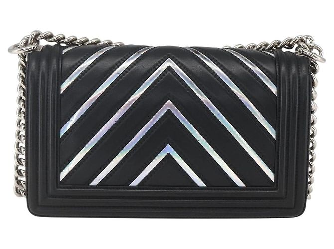 CHANEL Chain Boy Chanel V Stitch Bag Leather Black Silver CC - vista 2