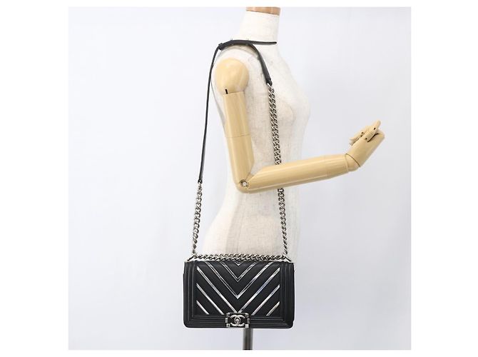 CHANEL Chain Boy Chanel V Stitch Bag Leather Black Silver CC - vista 21