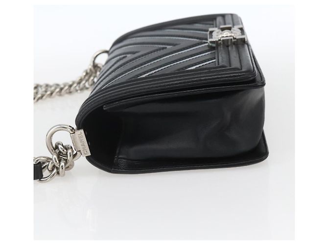CHANEL Chain Boy Chanel V Stitch Bag Leather Black Silver CC - vista 3
