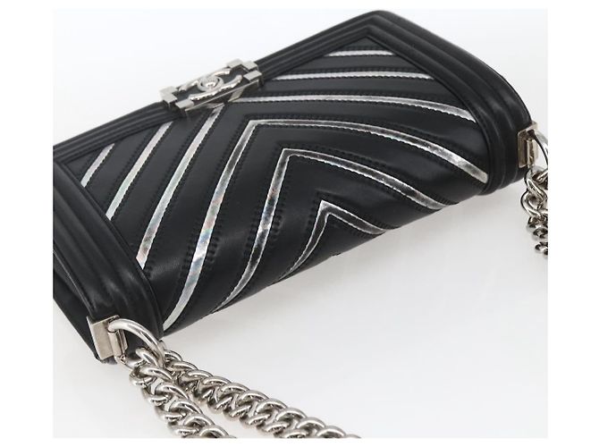 CHANEL Chain Boy Chanel V Stitch Bag Leather Black Silver CC - vista 6