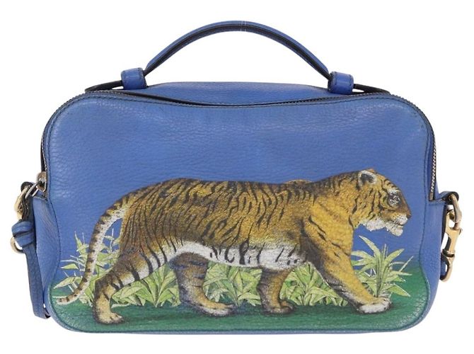 GUCCI Tiger Pattern Hand Bag Leather 2way Blue Gold 453565 - vista 13