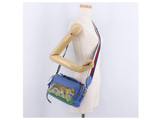 GUCCI Tiger Pattern Hand Bag Leather 2way Blue Gold 453565 - vista 28