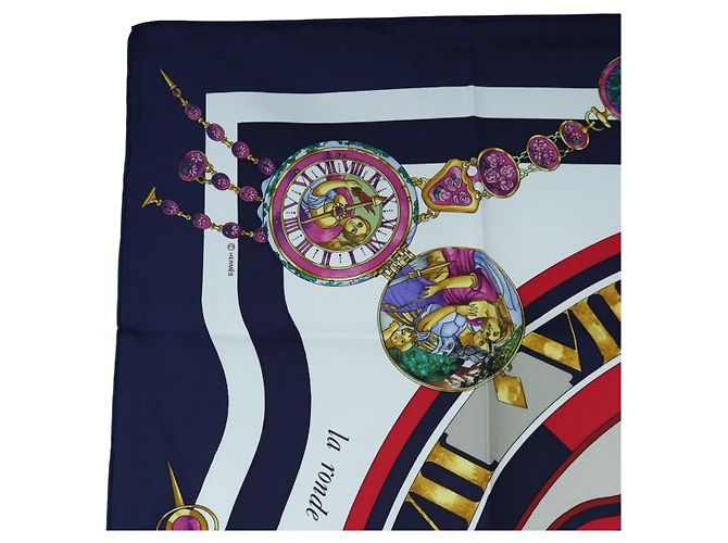 Hermès HERMES Carre 90 Scarf Silk  la ronde des heures  Navy White - vista 2