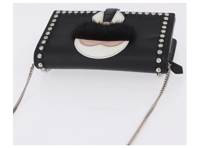 FENDI Karito Chain Shoulder Wallet Leather Black Silver 8M0346 - vista 6