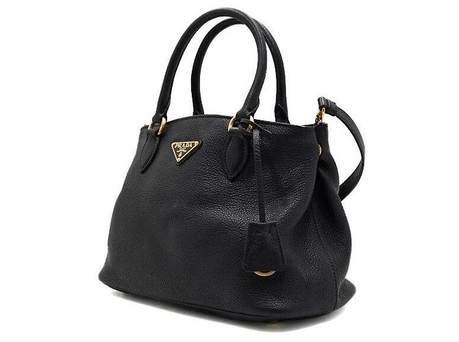 Prada Borsa Tote e Borsa a Tracolla Crossbody in Vitello Phenix Nero con Logo Triangolare Dorato - vista 2