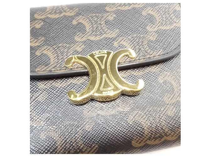 Céline Portafoglio tri-fold Celine in tela e pelle marrone - vista 11
