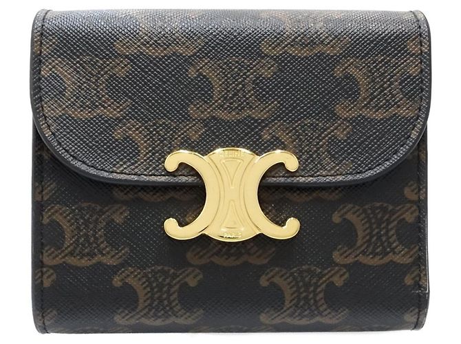 Céline Portafoglio tri-fold Celine in tela e pelle marrone - vista 2