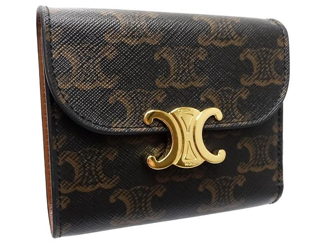 Céline Portafoglio tri-fold Celine in tela e pelle marrone - vista 3
