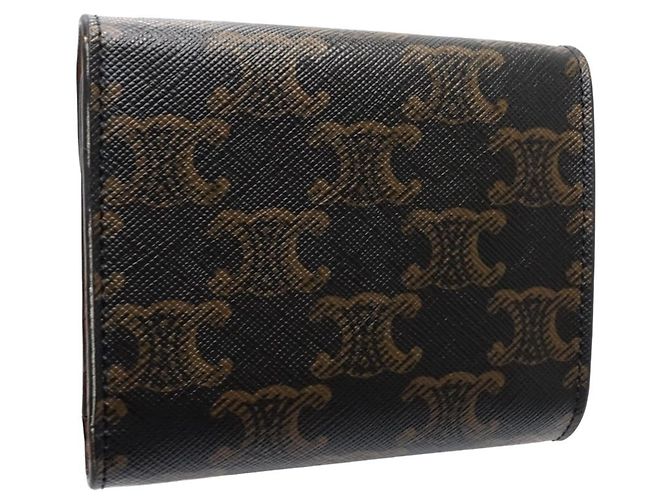 Céline Portafoglio tri-fold Celine in tela e pelle marrone - vista 4