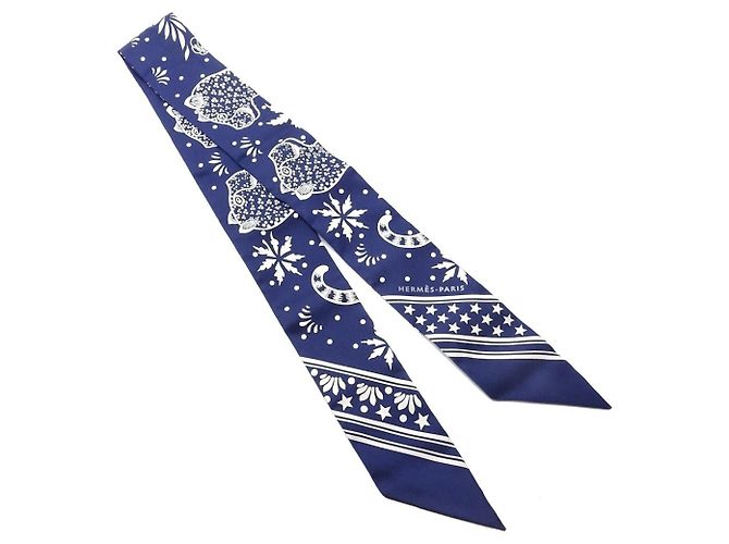 Hermès HERMES Twilly Les Leopards Bandana Silk Scarf Bianco Blu Multicolore - vista 3