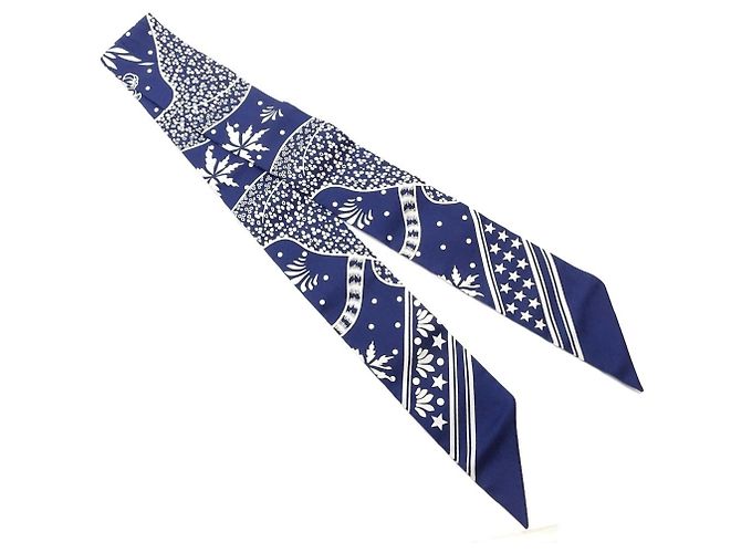 Hermès HERMES Twilly Les Leopards Bandana Silk Scarf Bianco Blu Multicolore - vista 4