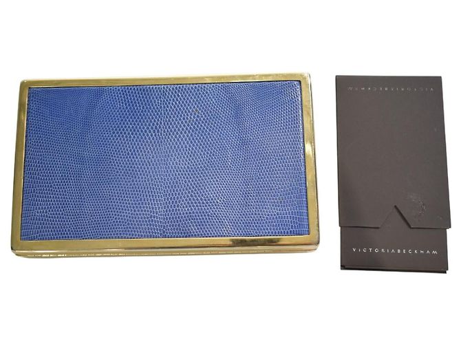 Clutch rigida VICTORIA BECKHAM in pelle embossed lucertola blu cornflower e ottone dorato - vista 15